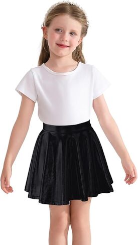 تنورة متزلج معدنية لامعة للفتيات من الجلد الصناعي بخصر مطاطي، تنورة صغيرة مطوية ومتوهجة للأطفال والمراهقين والأطفال الصغار in Kuwait