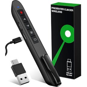 2 in 1 USB Type C Wireless Presentation Clicker Rechargeable, Finger Ring Powerpoint Clicker with Red Laser Pointer, Presenter Remote PPT Clicker for Powerpoint Presentations for Mac Computer Laptop