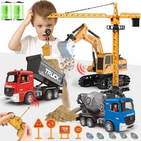 4-IN-1 Remote Control Construction Vehicle Toy Set, RC Excavator Friction-Powered Crane Dump Mixer Truck with Lights & Sounds for Kids Imagination Development, Christmas Birthday Gifts for Boys Girls