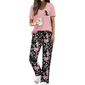 Ekouaer Pajama Sets For Women 2 Piece Short Sleeve Pj Sets With Long Printed Pants Sleepwear Casual Loose Lounge Sets