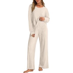 ANRABESS Women 2 Piece Lounge Pajamas Sets Casual Ribbed Knit Long Sleeve Top Pants Matching Set 2024 Fall Outfits Clothes