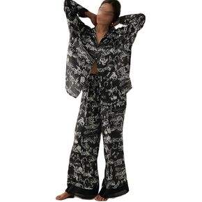 Women Satin Pajama Set Floral Silk Pajamas 2 Piece Lounge Sets Button Down Shirts Wide Leg Pants Pjs Sleepwear