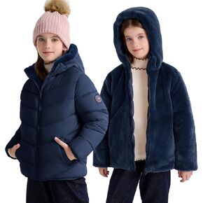 maoo garden Girls Winter Reversible Puffer Jacket Kids Heavyweight Faux-Down Fuzzy Fleece Lined Water-Resistant Coat