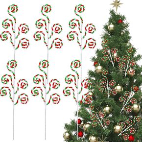 Gerrii 16 Inch Red White Green Christmas Tree Picks Decoration Candy Cane Woolen Bells Curly Pick Lollipop Large for Xmas Tree Topper Decor Vase Filler Craft Wreath Holiday Party Ornament (6 Pcs)
