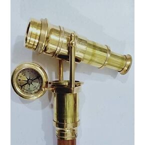 Collectible Brass Finish Compass Spyglass Walking Stick Cane Three Fold Rustic Vintage Home Decor Gifts