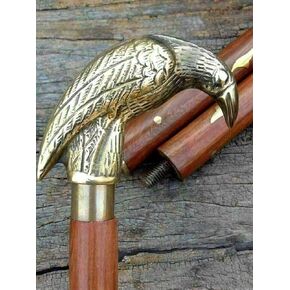 Vintage Brass Walking Stick Raven Handle Nautical Victorian Brass Wooden Cane 3 Fold by Lizaz Export Company