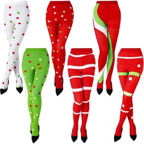 Newcotte 6 Pcs Women Christmas Striped Tight Red Green White Tight Elf Full Length Tight Costume Leggings for Xmas Party