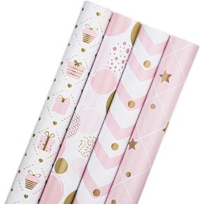 JUSTASHOW Gift Wrapping Paper, 4 Rolls Birthday Wrapping Paper for Girls Women kids adults, 17x118 Inches Per Roll Wrapping Paper for Birthday, Christmas Baby Shower(Pink)