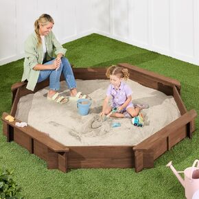 صندوق رمل خارجي خشبي مثمن كبير للأطفال من Best Choice Products مع غطاء مع 4 مقاعد معززة، 8 مقاعد، حفرة رمل مقاس XL، بطانة سفلية - خشب الجوز