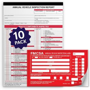 Annual Vehicle Inspection Report Form - 10 Pack Dot Inspection Forms and Stickers - 3ply Carbonless (8.5" x 11.4") + Fade-Resistant Permanent Adhesive Aluminum Label (6" x 3.5")