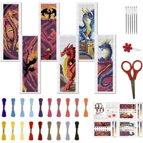 FREEBLOSS 6 Set Cross Stitch Bookmark Stamped Cross Stitch Kit with 6 Different Dragon Patterns Embroidery Kit with Instruction DIY Bookmark Kit for Gift Adults 8''x2.4''