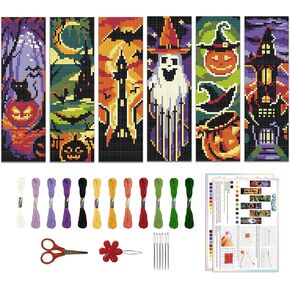 ORIGACH 6 Pcs Halloween DIY Cross Stitch Bookmark Kit for Beginner DIY Stamped Embroidery Bookmark Kit for Starter Printed Cross Stitch Kit with Instruction for Book Lovers