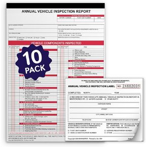 Annual Vehicle Inspection Report Form - 10 Pack Dot Inspection Forms and Stickers - 3ply Carbonless (8.5" x 11.4") + Fade-Resistant Permanent Adhesive Aluminum Label (6" x 3.5")