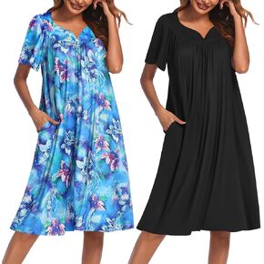 Ekouaer 2 Pack House Dresses for Women with Pockets Short Sleeve Moo Moos Floral Print Mumu Dresses