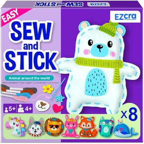 EZCRA 8-in-1 Easy to Do Animal Sewing Projects for Kids - Kids Craft Kits - No Mess Sewing Kit for Kids Age 4,5,6,7,8 - Includes Stickers, Tools with Full Instruction