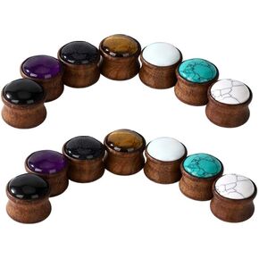 7 Pairs Wood Ear Gauges Tunnels Inlaid Stone Expander Ear Plugs Stretched Piercing for women Men Body Jewelry