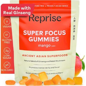 Reprise Herbal Energy Boost Gummies - All-Natural with American Ginseng, Korean Panax Ginseng & Goji Extracts, Supports Mood, Brain & Focus, Vegan, 60 Gummies, Pineapple, Loquat & Blueberry Flavor
