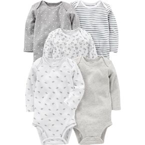 Simple Joys by Carter's Unisex Babies' Long-Sleeve Bodysuit, Pack of 5, Aqua Blue Stripe/Grey Heather/White Heather/Bear/Elephants, 18 Months