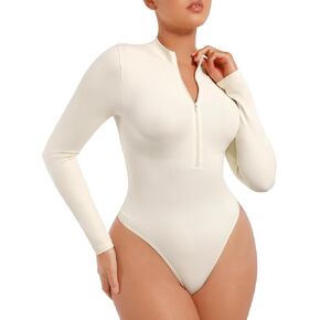 FeelinGirl Long Sleeve Bodysuit for Women Mock Turtle Neck Body Suits Zip Up Design Black Tummy Control Bodysuit Shirts