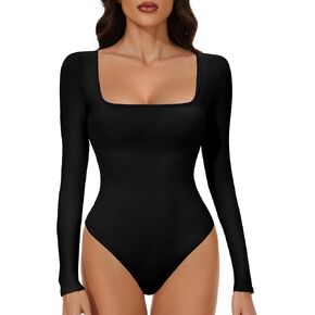 YOGINGO Long Sleeve Square Neck Bodysuits for Womens Going Out Body Suits Basic Leotards Jumpsuits Outfits Shirt Tops
