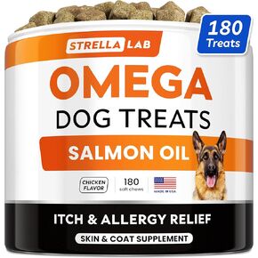 Fish Oil Omega 3 Treats for Dogs - Allergy and Itch Relief - Skin and Coat Supplement - Joint Health - Wild Alaskan Salmon Oil - Shedding, Itchy Skin Relief - Omega 3 6 9 - EPA & DHA - 180 Treats