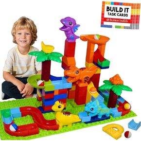 Marble Run for Kids Ages 3-5 & Up (160 pcs)- Dino Dash Building Block Marble Track Compatible w/Duplo Blocks - STEM Marble Run Set - Montessori Marble Runs for Kids 4-8 - Marble Set
