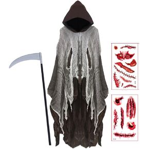 Hood Cloak with Sickle,Tattoo Sticker Ghost Grim Wizard Cape Devil Reaper Robe Cosplay Costume Adult Teens Party Props