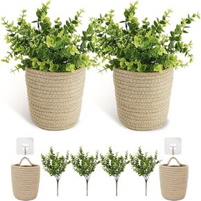 2 Pieces Wall Hanging Rope Basket with Artificial Eucalyptus Greenery Plants Farmhouse Decor with 2 Hooks Woven Boho Wall Organizer Rustic Decor for Living Room Bedroom Bathroom Porch Entryway