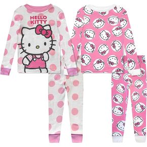 Hello Kitty 4 Piece Pajama Set - Toddler Girls PJ Set with Long Sleeve Shirt & Pants - Kids Sleepwear Set - Official License