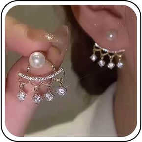 Boho Crystal Pearl Ear Jacket Earrings Rhinestone Chandelier Earrings Gold Pearl Stud Earrings Tiny Cz Pearl Jacket Earrings Jewelry for Women