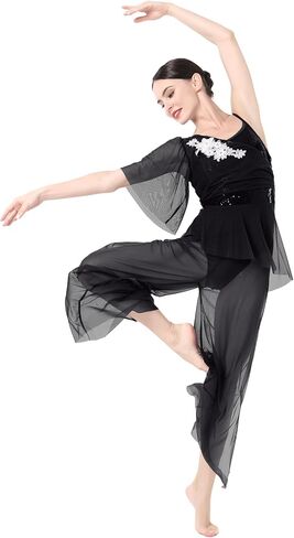 AFAVOM Lyrical Dance Costume for Women Sequin Flower Lyrical Dance Dress Sheer Mesh One Shoulder Dance Leotard Jumpsuit Pants in Saudi Arabia