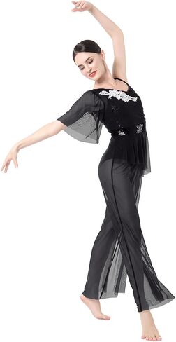 AFAVOM Lyrical Dance Costume for Women Sequin Flower Lyrical Dance Dress Sheer Mesh One Shoulder Dance Leotard Jumpsuit Pants in Saudi Arabia