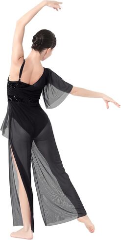 AFAVOM Lyrical Dance Costume for Women Sequin Flower Lyrical Dance Dress Sheer Mesh One Shoulder Dance Leotard Jumpsuit Pants in Saudi Arabia
