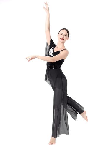 AFAVOM Lyrical Dance Costume for Women Sequin Flower Lyrical Dance Dress Sheer Mesh One Shoulder Dance Leotard Jumpsuit Pants in Saudi Arabia
