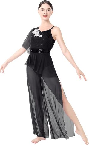 AFAVOM Lyrical Dance Costume for Women Sequin Flower Lyrical Dance Dress Sheer Mesh One Shoulder Dance Leotard Jumpsuit Pants in Saudi Arabia