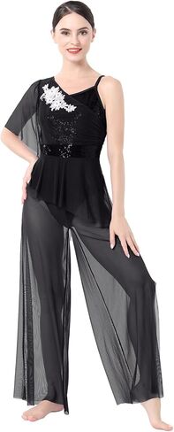 AFAVOM Lyrical Dance Costume for Women Sequin Flower Lyrical Dance Dress Sheer Mesh One Shoulder Dance Leotard Jumpsuit Pants in Saudi Arabia