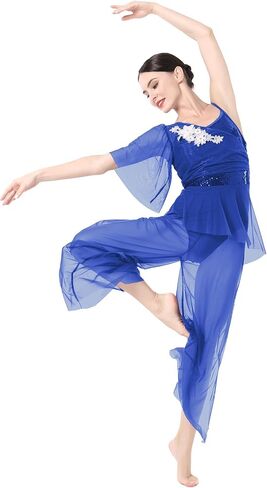 AFAVOM Lyrical Dance Costume for Women Sequin Flower Lyrical Dance Dress Sheer Mesh One Shoulder Dance Leotard Jumpsuit Pants in Saudi Arabia