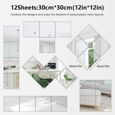 4PCS Wall Mirror Tiles,12x12 Inch Flexible Mirror Sheet,Self Adhesive Self Cuttable Mirror Wall Stickers Non Glass Square Mirrors for Home Wall in Saudi Arabia