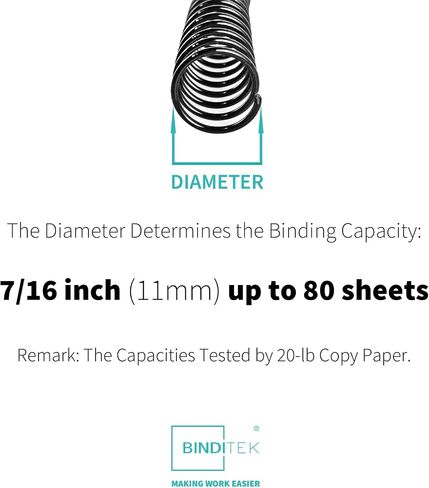 Binditek 100 Pack Plastic Spiral Binding Coils, 11mm (7/16") Binding Spirals, 80 Sheet Capacity, 4:1 Pitch, Black Binding Spines, 48Loops for Letter Size, for Students and Coworkers in Saudi Arabia