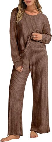ANRABESS Women 2 Piece Lounge Pajamas Sets Casual Ribbed Knit Long Sleeve Top Pants Matching Set 2024 Fall Outfits Clothes in Saudi Arabia