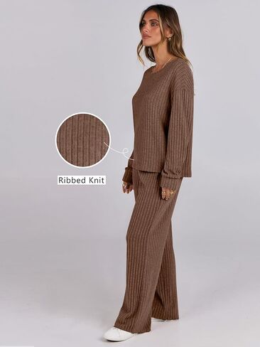 ANRABESS Women 2 Piece Lounge Pajamas Sets Casual Ribbed Knit Long Sleeve Top Pants Matching Set 2024 Fall Outfits Clothes in Saudi Arabia