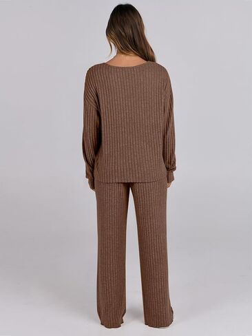 ANRABESS Women 2 Piece Lounge Pajamas Sets Casual Ribbed Knit Long Sleeve Top Pants Matching Set 2024 Fall Outfits Clothes in Saudi Arabia