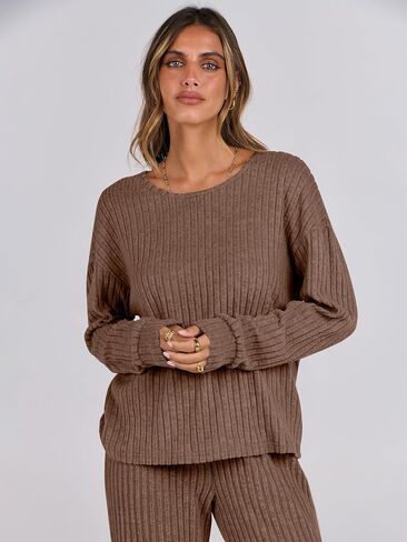 ANRABESS Women 2 Piece Lounge Pajamas Sets Casual Ribbed Knit Long Sleeve Top Pants Matching Set 2024 Fall Outfits Clothes in Saudi Arabia