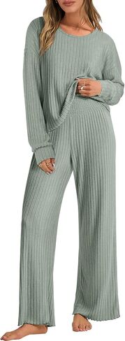 ANRABESS Women 2 Piece Lounge Pajamas Sets Casual Ribbed Knit Long Sleeve Top Pants Matching Set 2024 Fall Outfits Clothes in Saudi Arabia