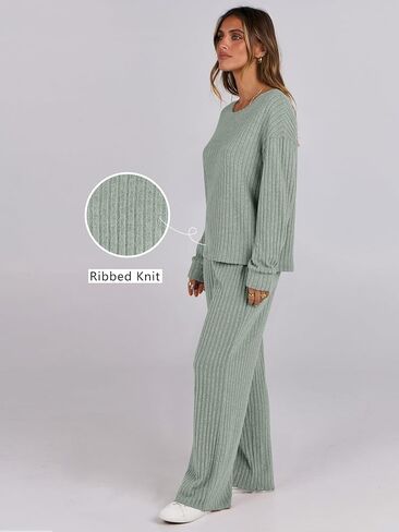 ANRABESS Women 2 Piece Lounge Pajamas Sets Casual Ribbed Knit Long Sleeve Top Pants Matching Set 2024 Fall Outfits Clothes in Saudi Arabia