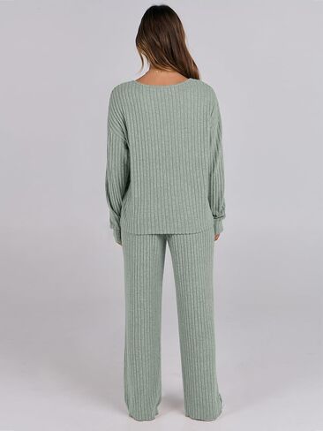 ANRABESS Women 2 Piece Lounge Pajamas Sets Casual Ribbed Knit Long Sleeve Top Pants Matching Set 2024 Fall Outfits Clothes in Saudi Arabia