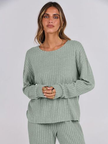 ANRABESS Women 2 Piece Lounge Pajamas Sets Casual Ribbed Knit Long Sleeve Top Pants Matching Set 2024 Fall Outfits Clothes in Saudi Arabia