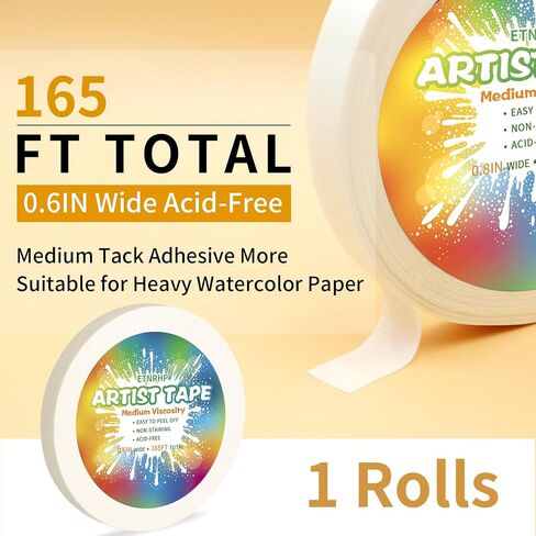 White Art Tape Medium Tack Artist Masking Tape Paper Acid Free Tape Watercolor Painters Tape Artists Tape for Drafting Art Watercolor Painting Canvas Framing, 0.6 inch Wide 165FT Long in Kuwait