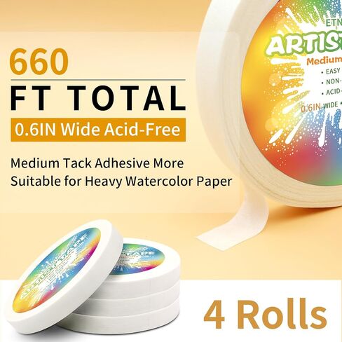 White Art Tape Medium Tack Artist Masking Tape Paper Acid Free Tape Watercolor Painters Tape Artists Tape for Drafting Art Watercolor Painting Canvas Framing, 0.6 inch Wide 165FT Long in Kuwait