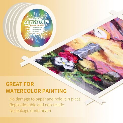 White Art Tape Medium Tack Artist Masking Tape Paper Acid Free Tape Watercolor Painters Tape Artists Tape for Drafting Art Watercolor Painting Canvas Framing, 0.6 inch Wide 165FT Long in Kuwait